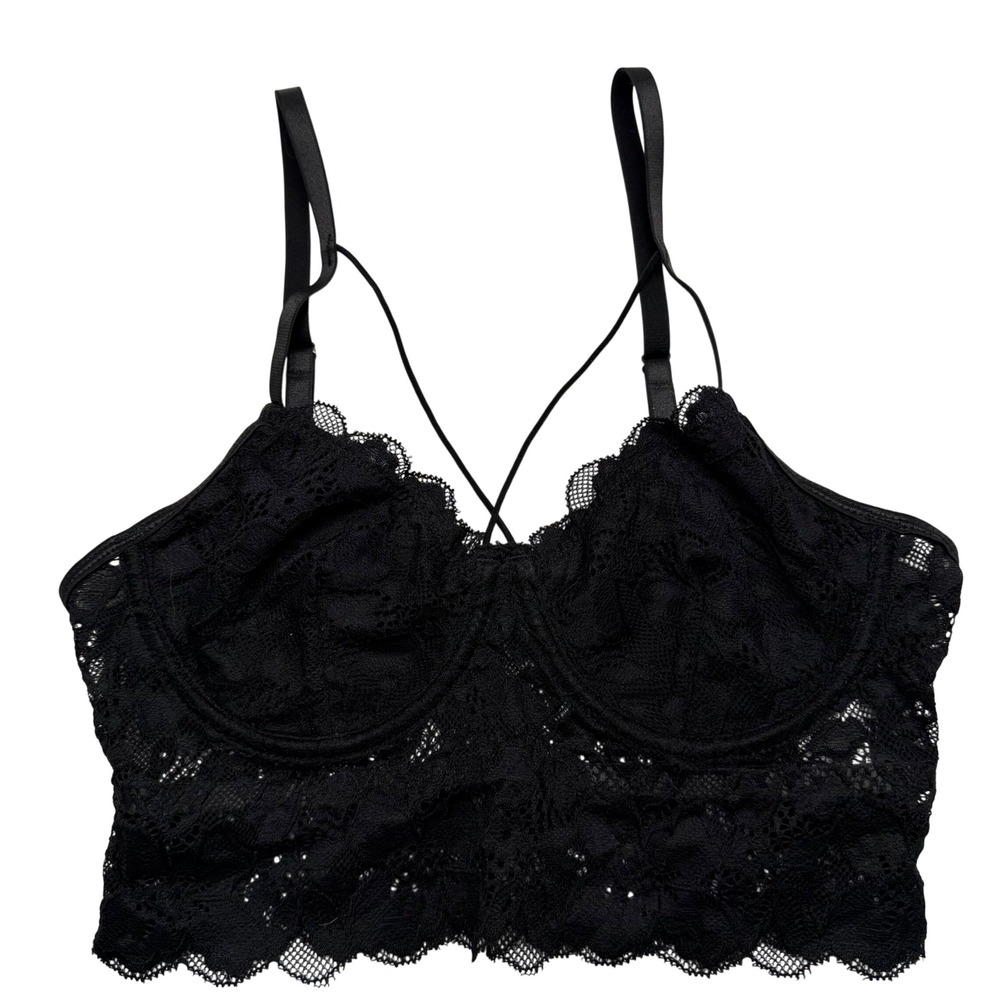 SHEIN Black Lace Longline Bralette Crop Top Strappy Crisscross Front‎ XS